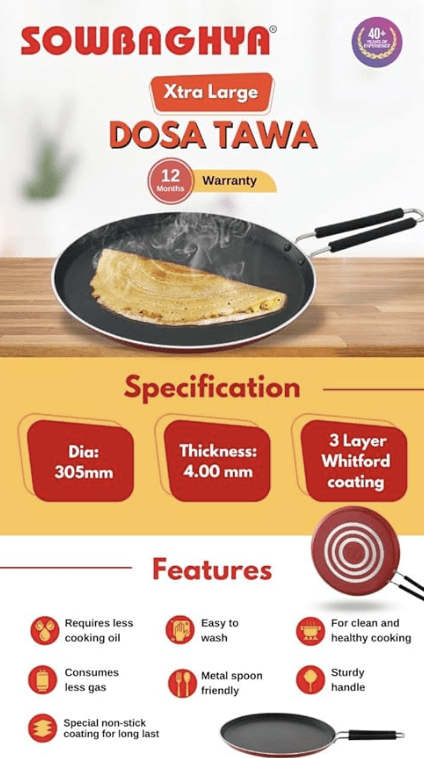 SOWBAGHYA Non Stick Xtra Large Dosa Tawa - Red | Thickness: 4 mm | Dia: 305 mm | 3Layer Whitford Coating | Non Induction - Image 2